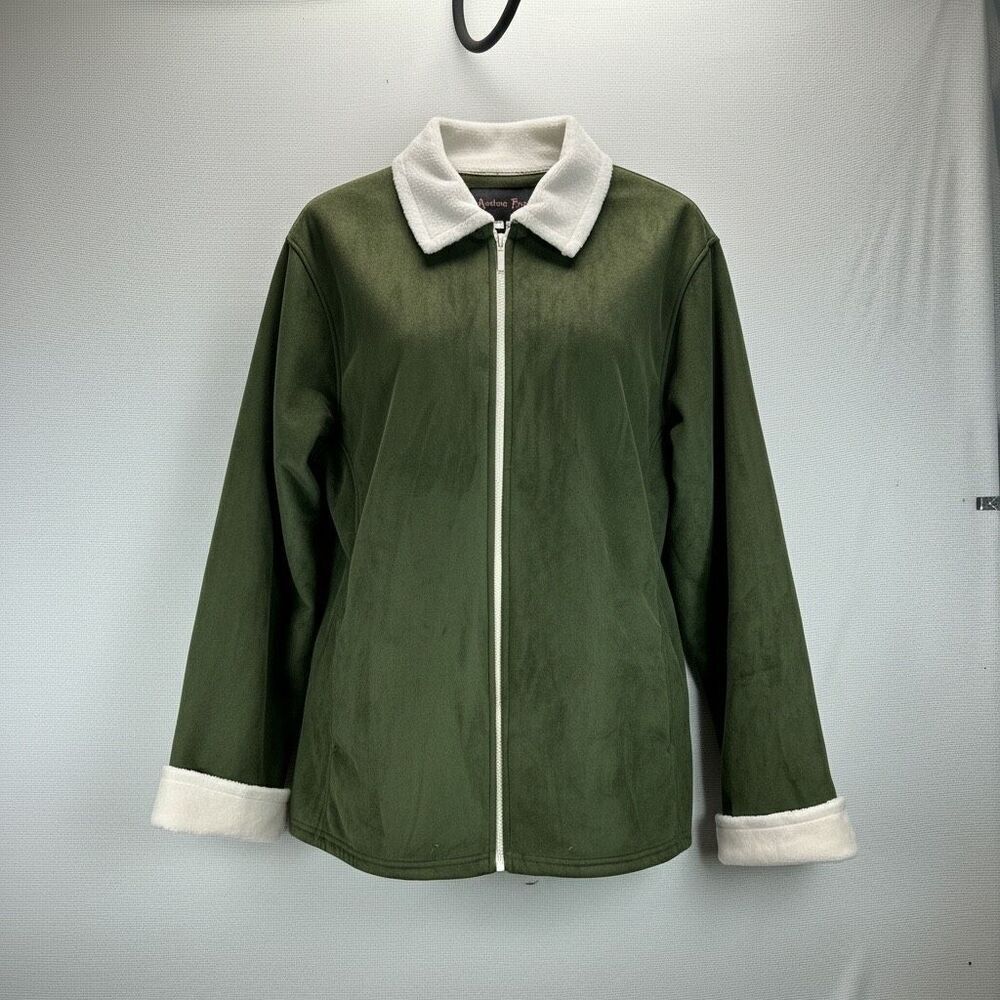 Andrea Faye Olive Green Sherpa Lined Zip Jacket XXL Cozy Cottagecore Fleece